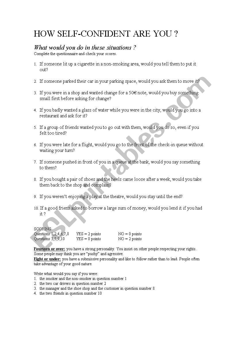 how self confident are you worksheet