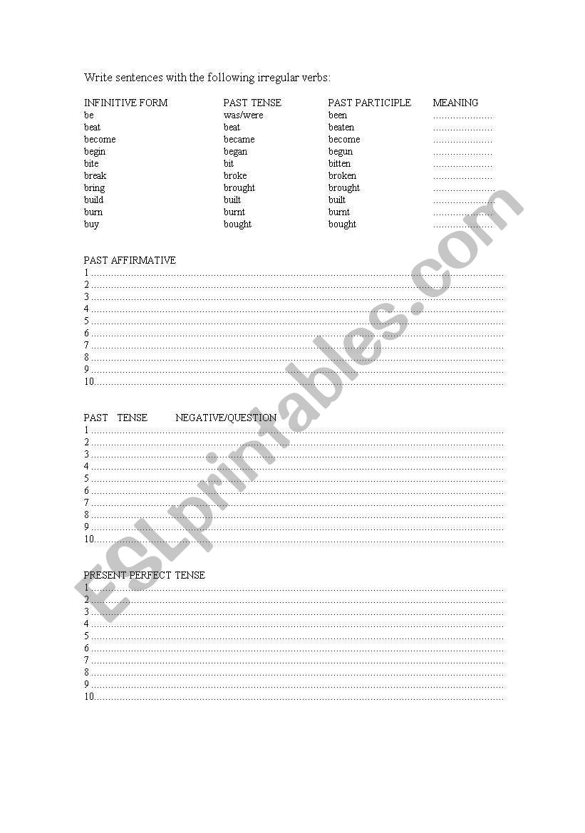 Irregular verbs sentences worksheet