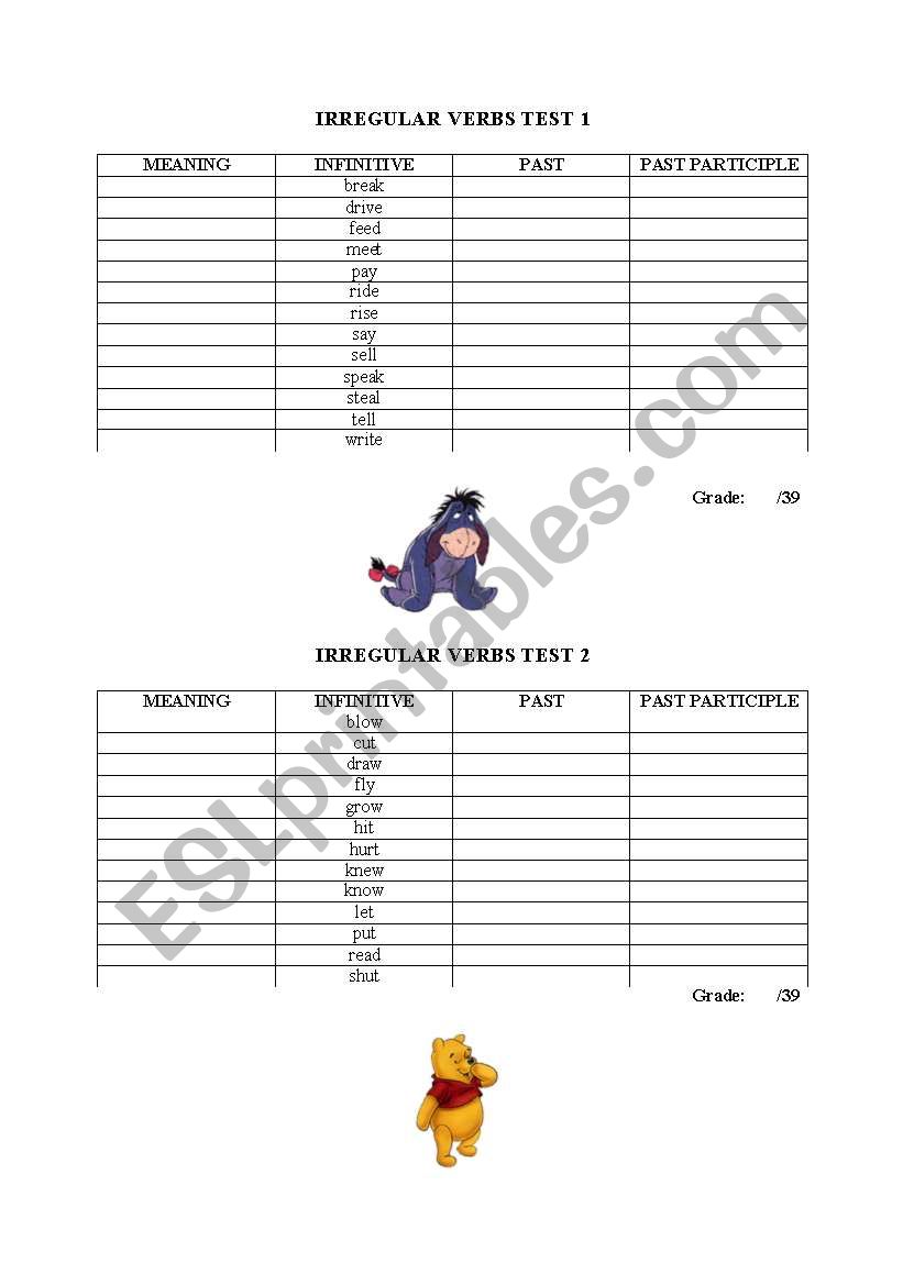 irregular verbs test worksheet