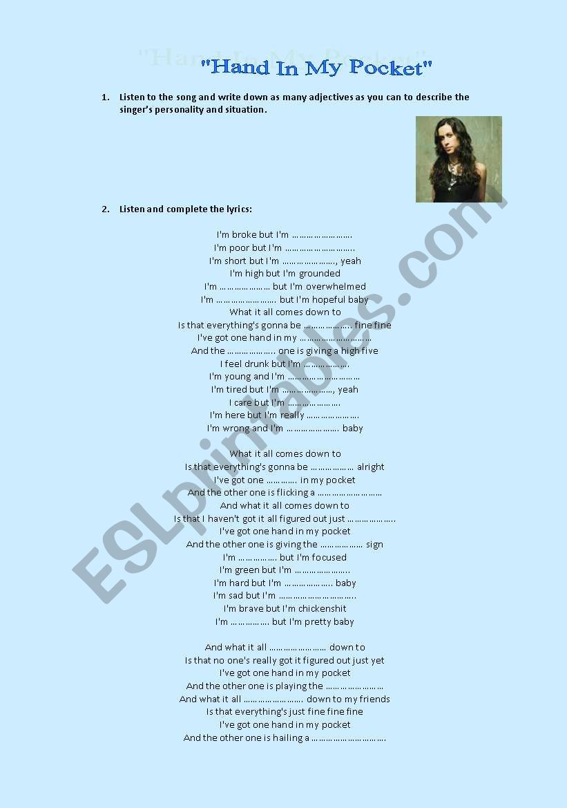 Hand In My Pocket By Alanis Morissette Esl Worksheet By Rakola