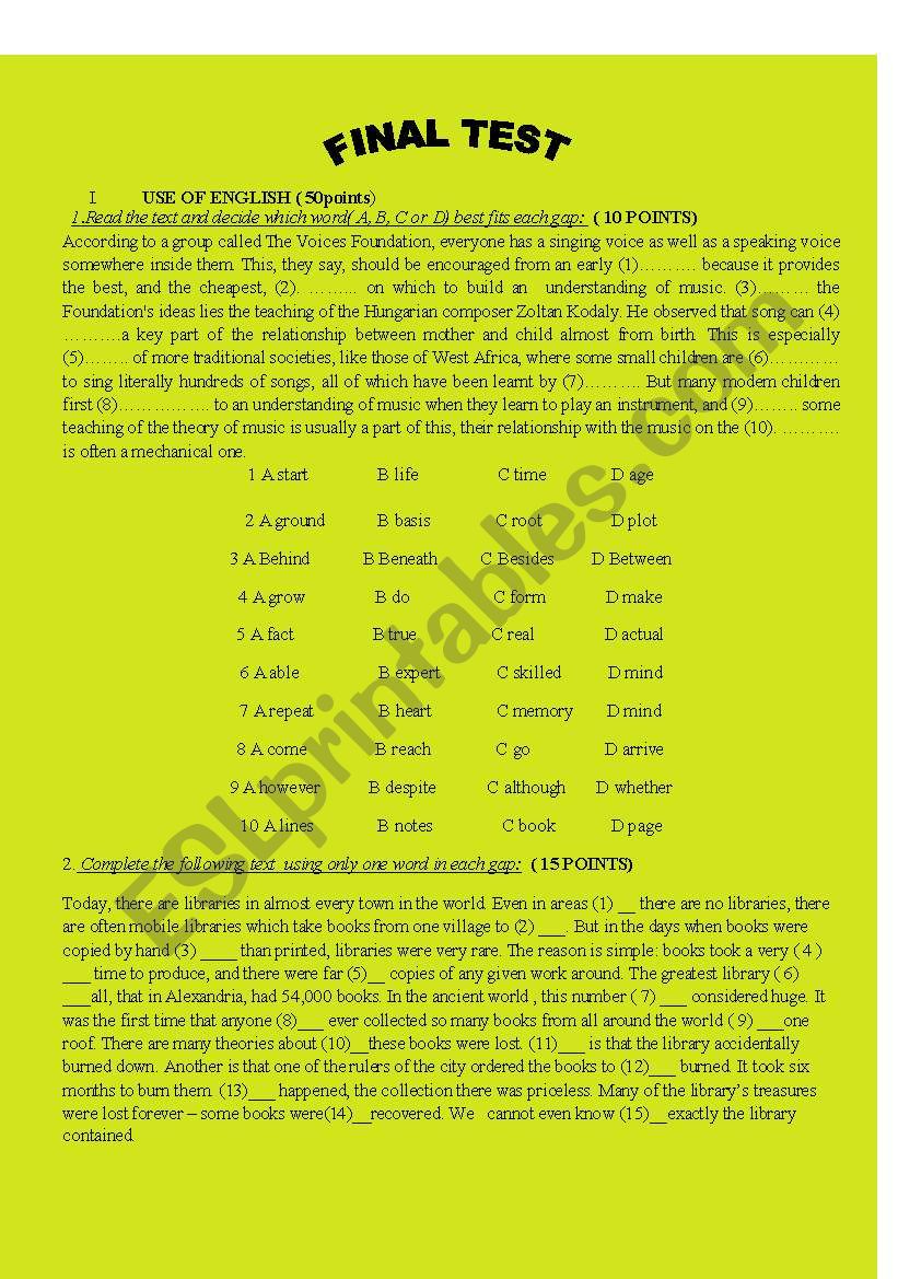 Final Test - 9th grade worksheet