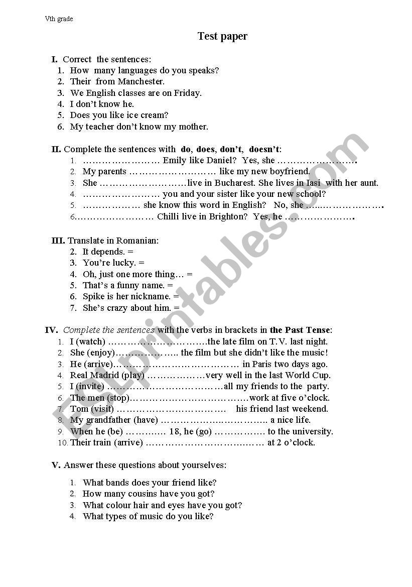 test for the 5th grade worksheet