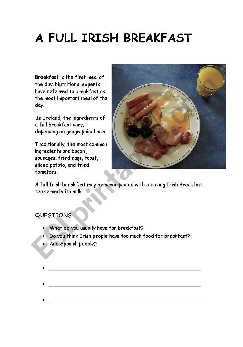 a full irish breakfast worksheet