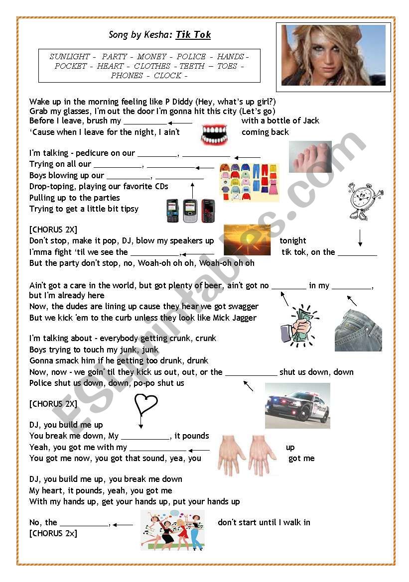 Song By Kesha Tik Tok Esl Worksheet By Do Carmo - tik tok kesha roblox id