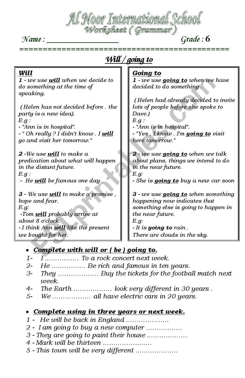 Will-going to Worksheet  worksheet