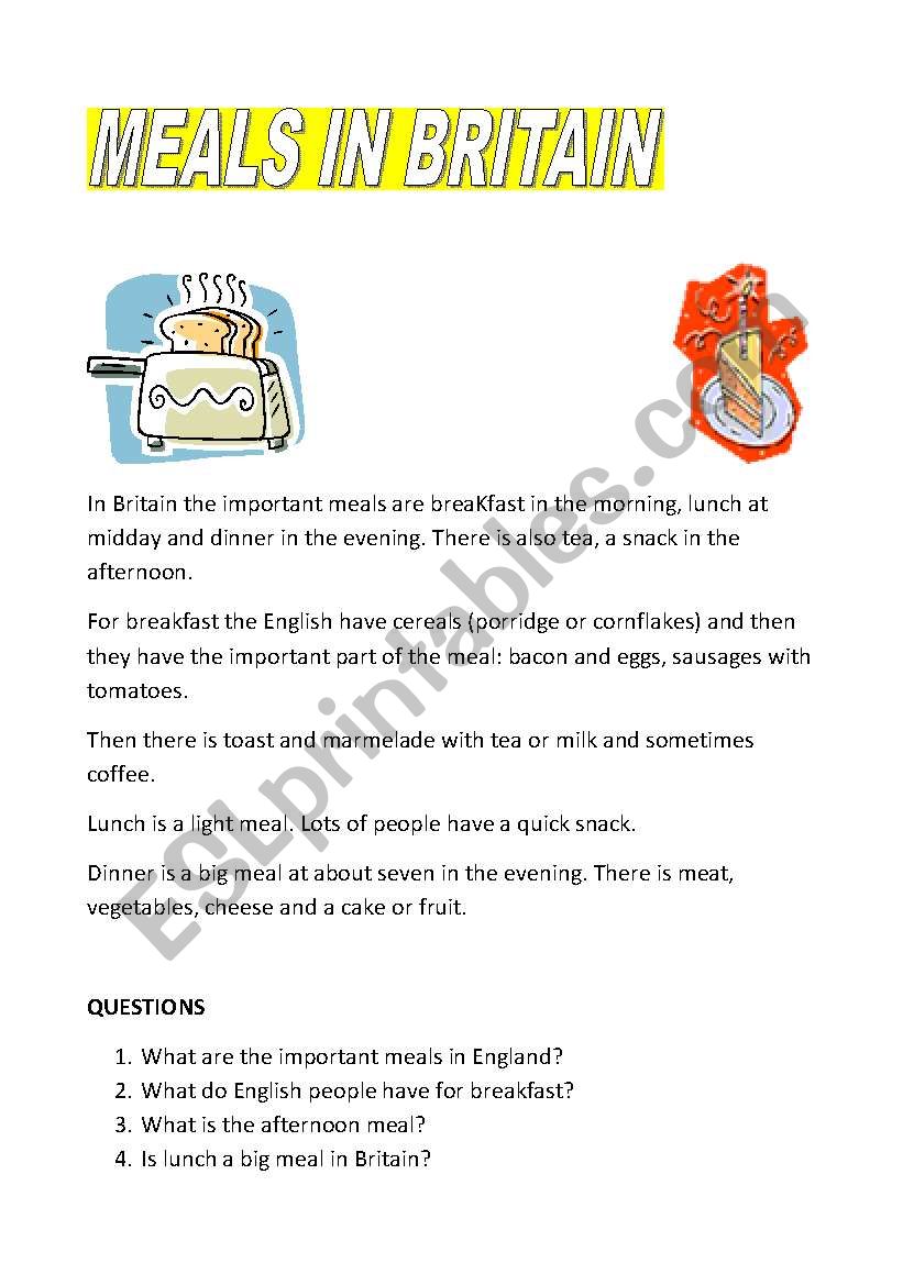 meals in Britain worksheet