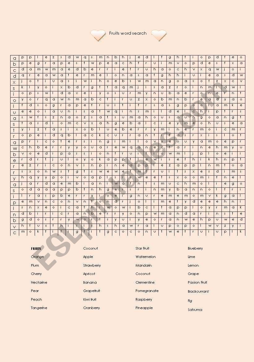 Fruits wordsearch worksheet