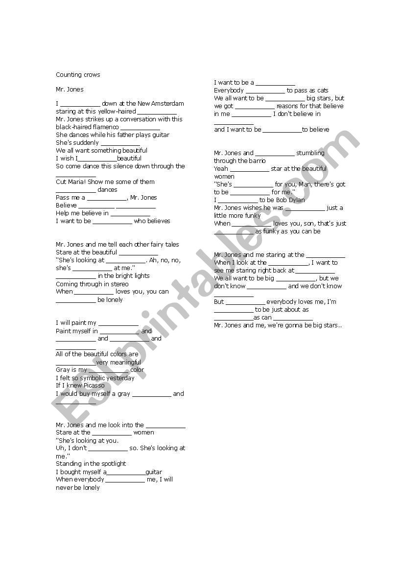 songs mr. jones worksheet