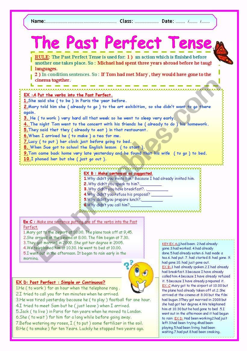 THE PAST PERFECT TENSE. worksheet