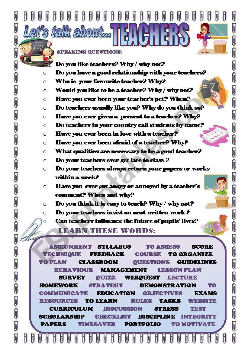 LETÂ´S TALK ABOUT TEACHERS (SPEAKING SERIES 43) - ESL worksheet by joebcn