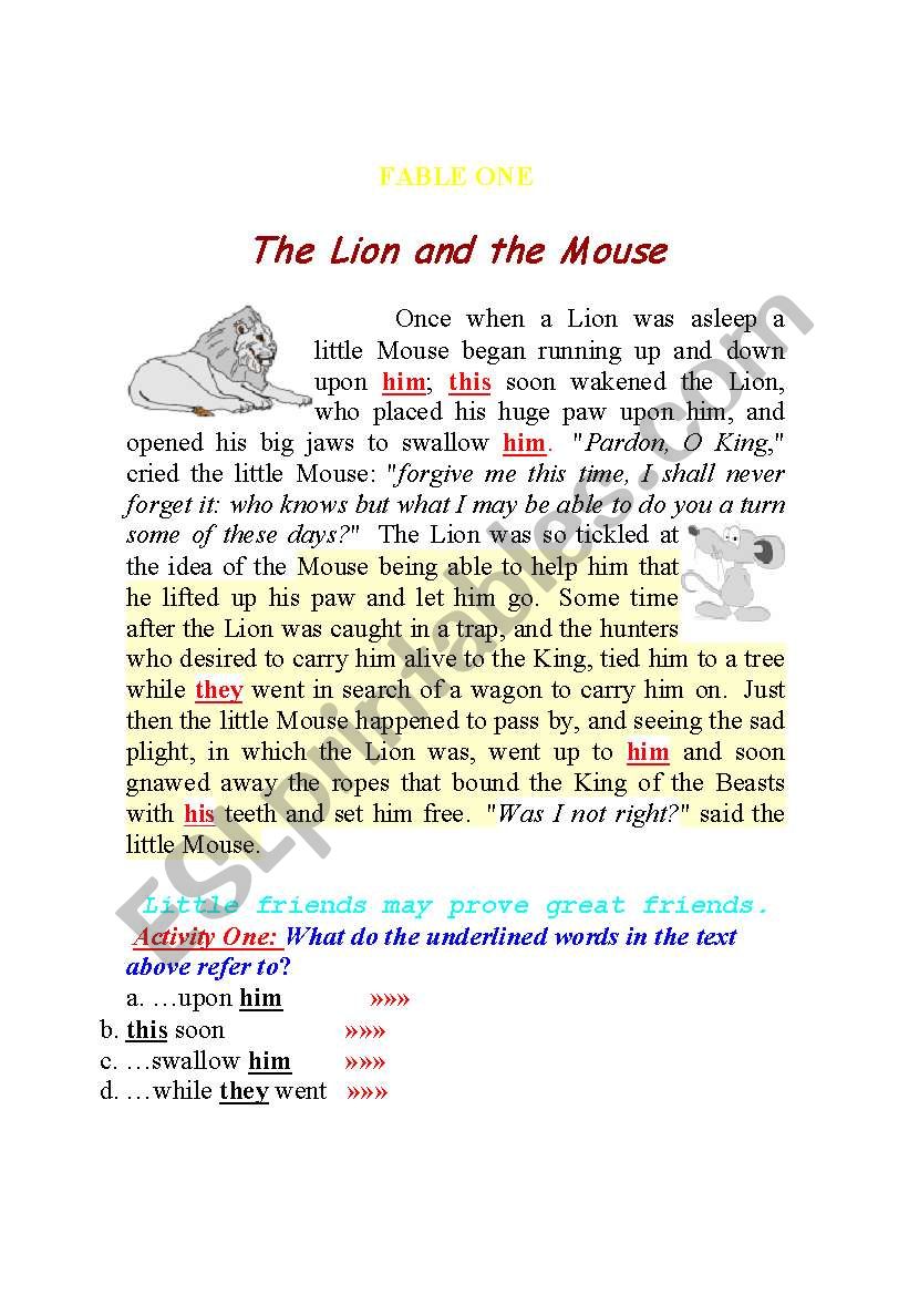 The Lion and the mouse worksheet