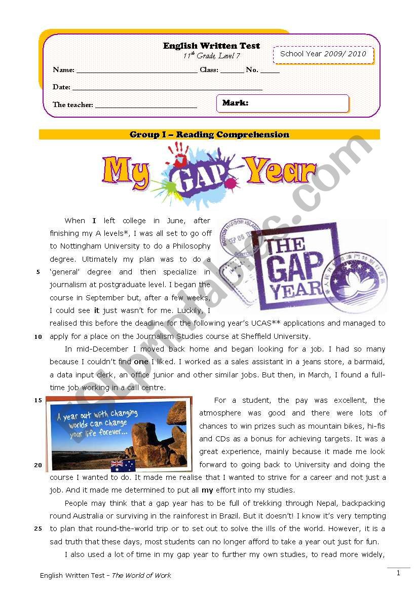 Gap Year (test+correction) worksheet