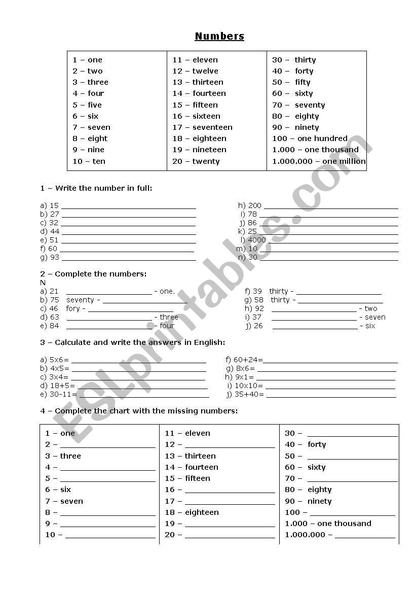 Numbers worksheet