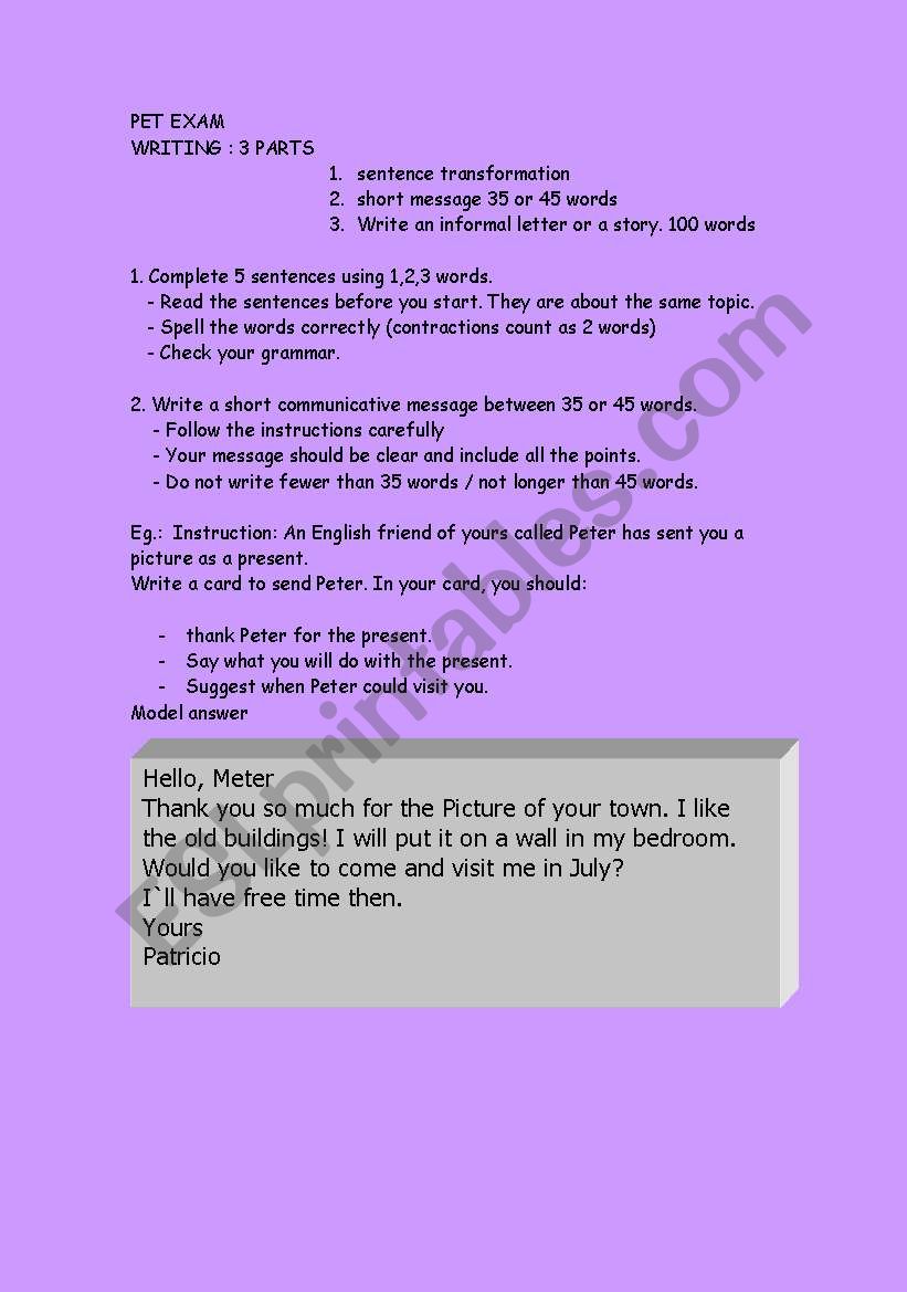 PET exam Writing part worksheet