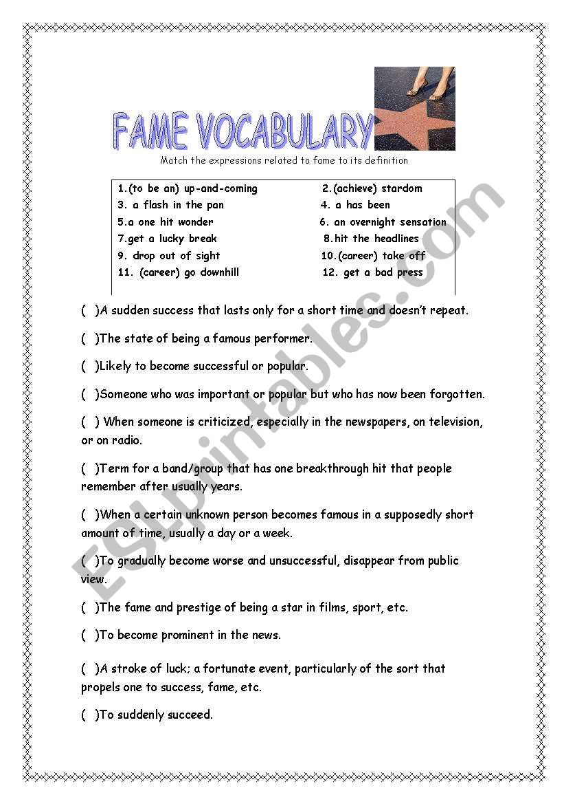 Fame Vocabulary  worksheet
