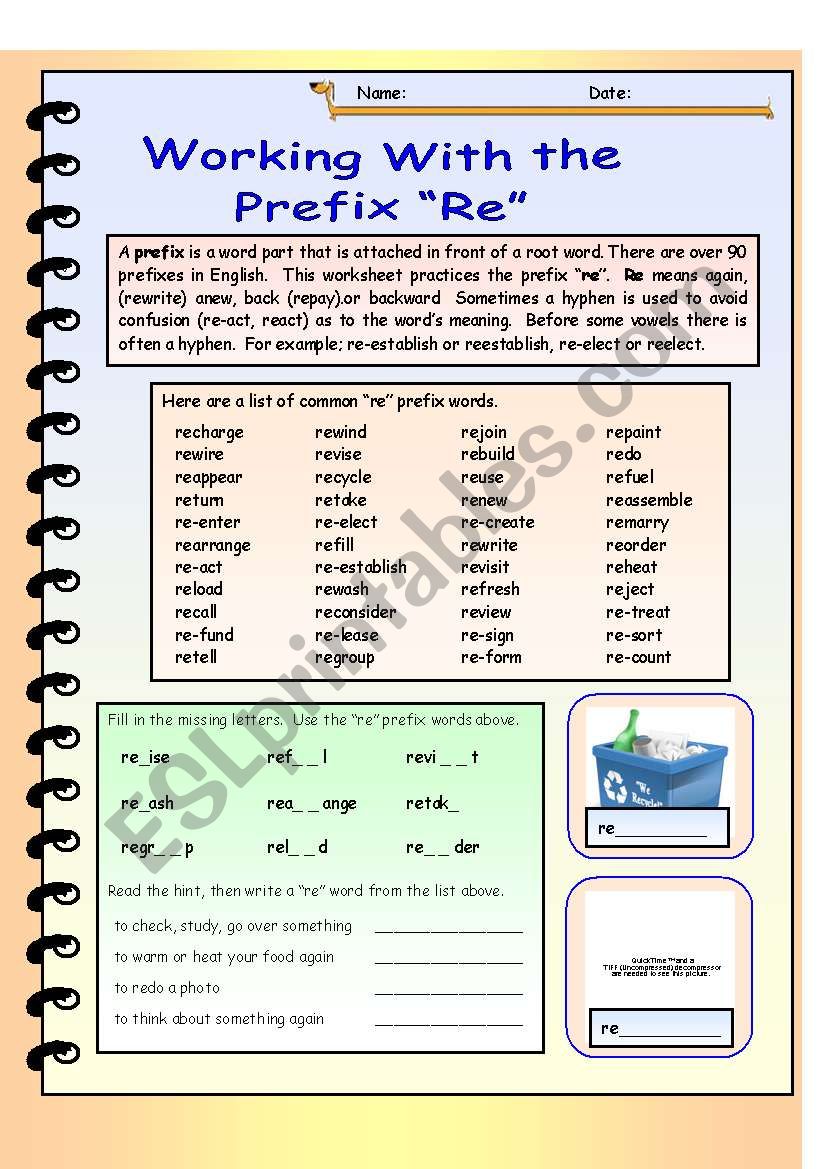 Working With The Prefix Re Answer Key Included Esl Worksheet By Dturner