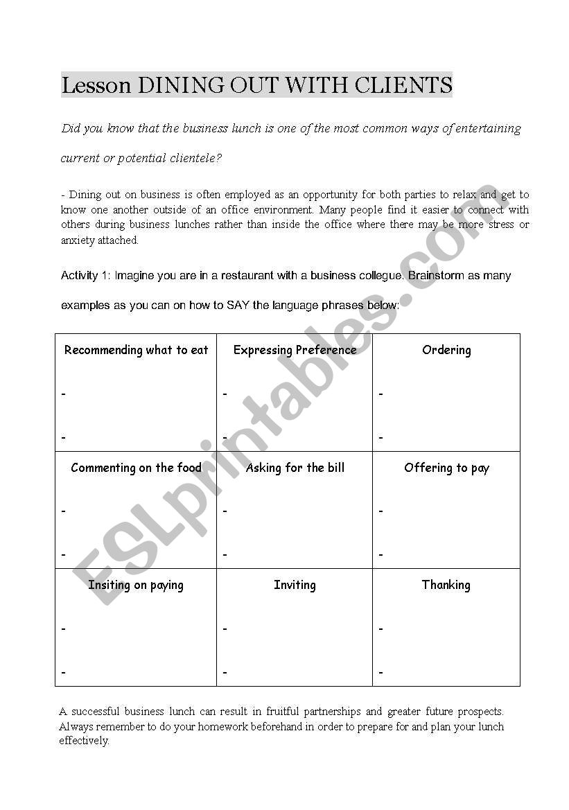 Business Dinner worksheet