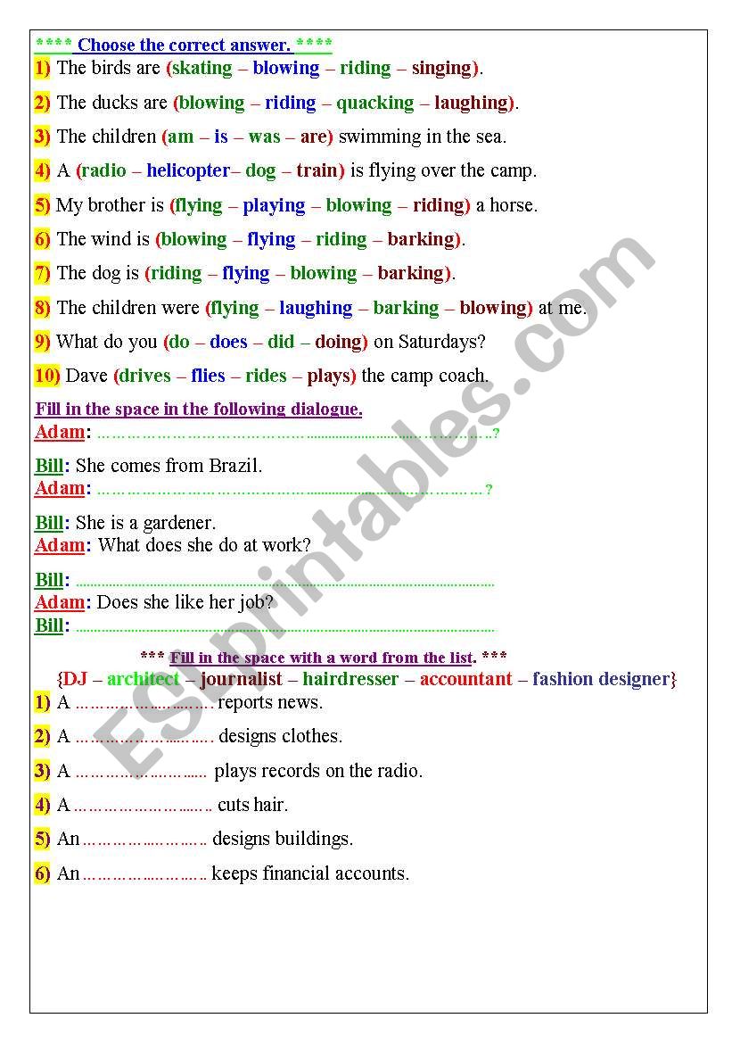 Choose the correct answer worksheet