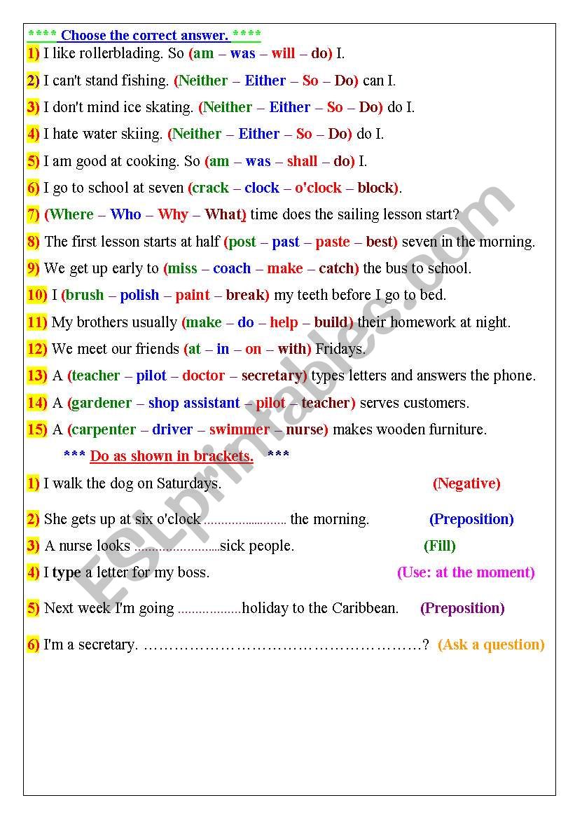 Choose the correct answer worksheet