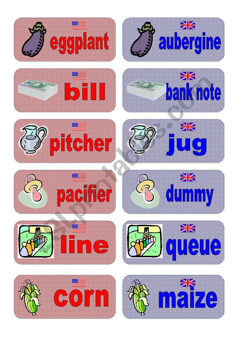 British English vs American English memory game - set 5