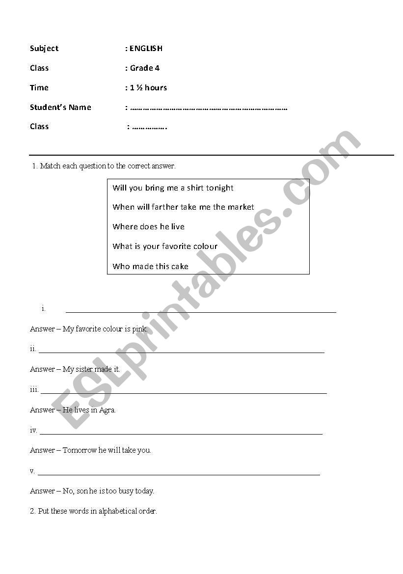 English revision for Grade 4 worksheet