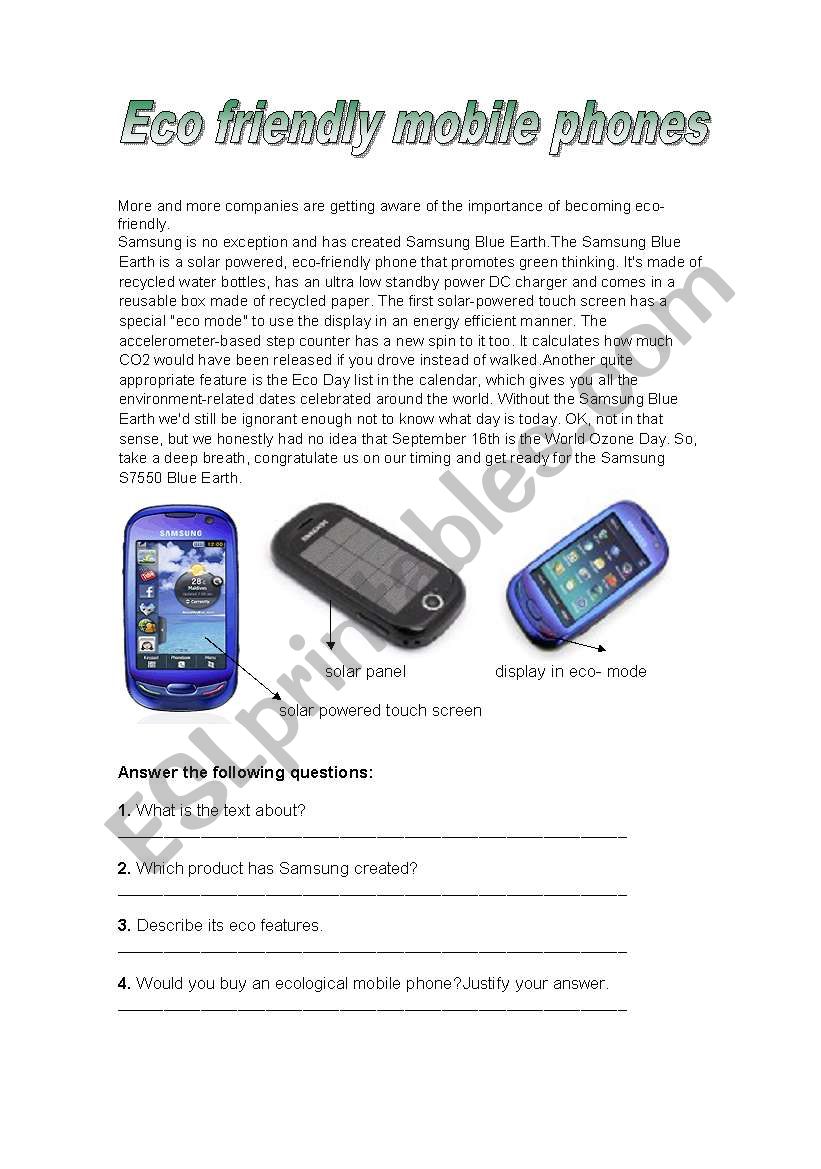 Eco-friendly mobile phones worksheet