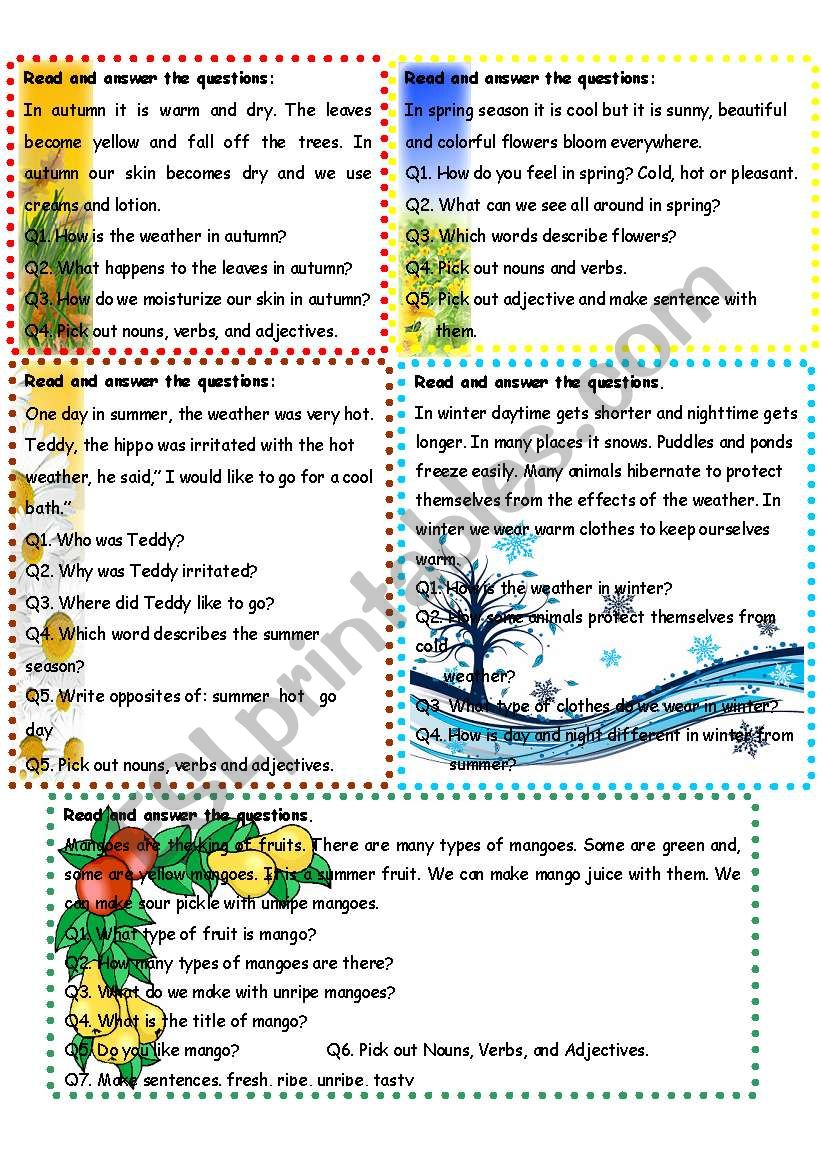 Reading Comprehension Seasons worksheet