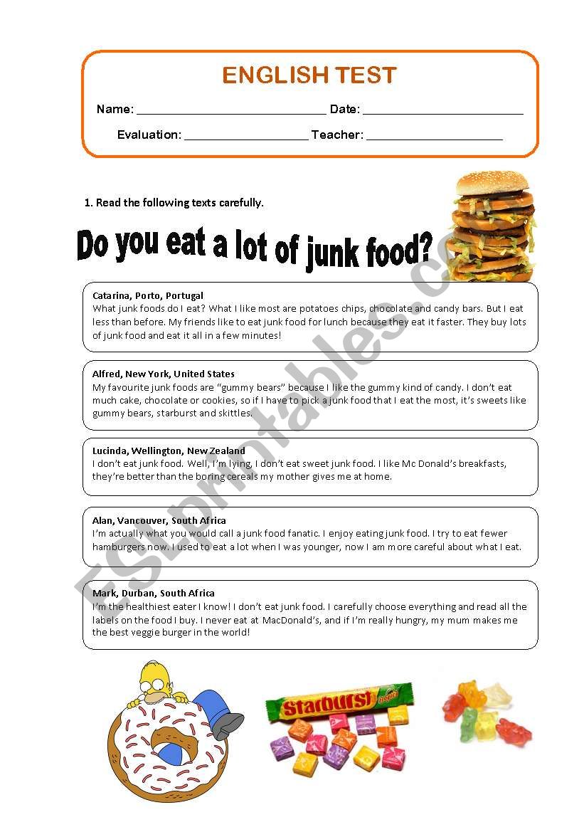 English Test - Food worksheet