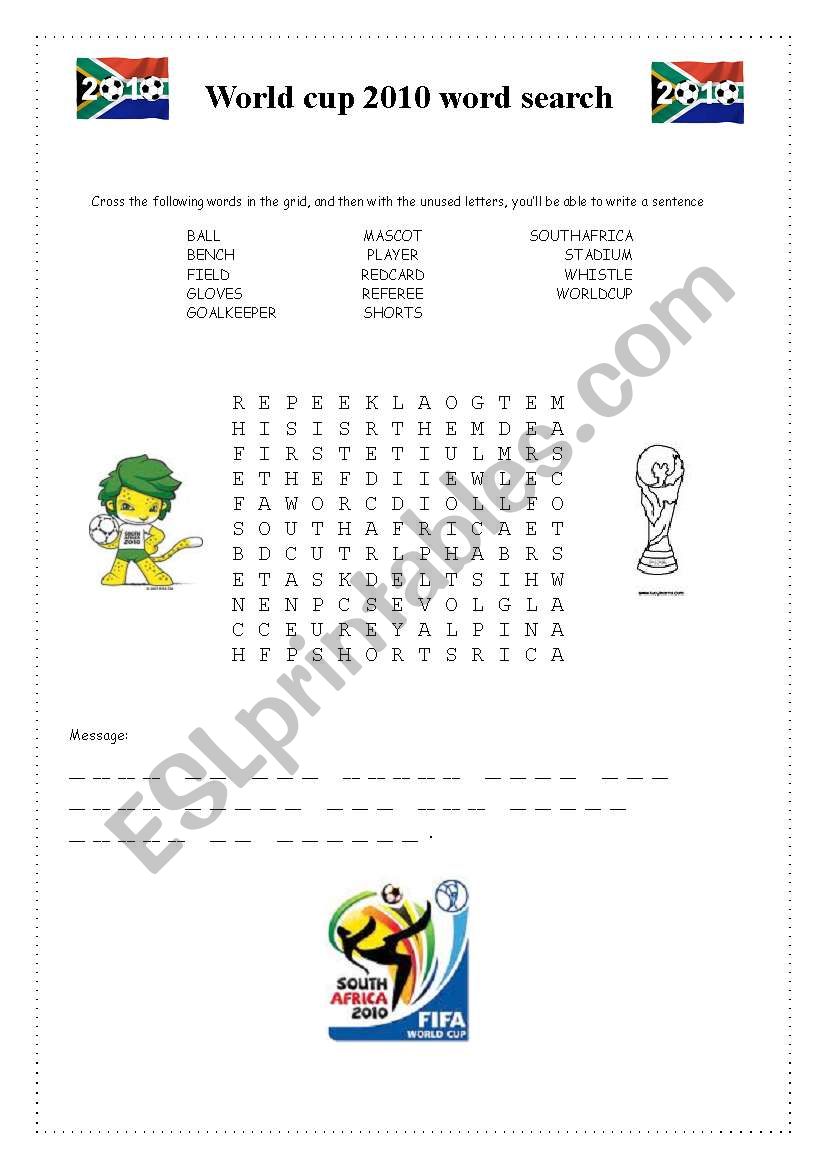World cup 2010 word search worksheet