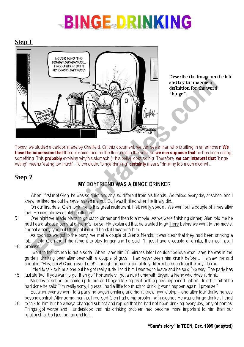 Binge drinking (a cartoon, a written comprehension, exercises : Preterit / Past perfect - Time markers - punctuation for the dialogue and introductory verbs - direct speech and reported speech). INCLUDES KEY ANSWERS.