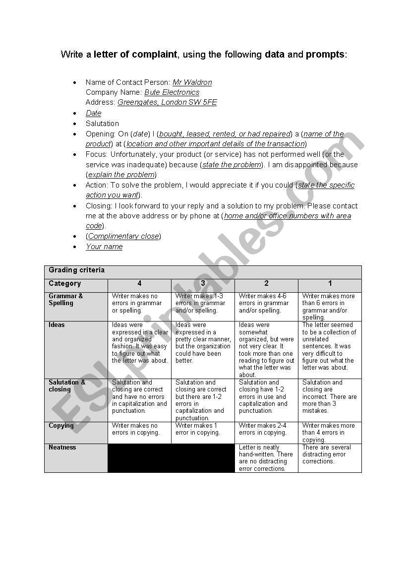 Letter of Complaint assignment for beginners Business English