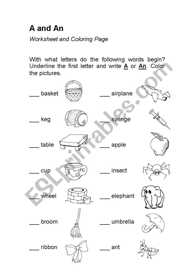 Articles A and An (worksheet & coloring page) 