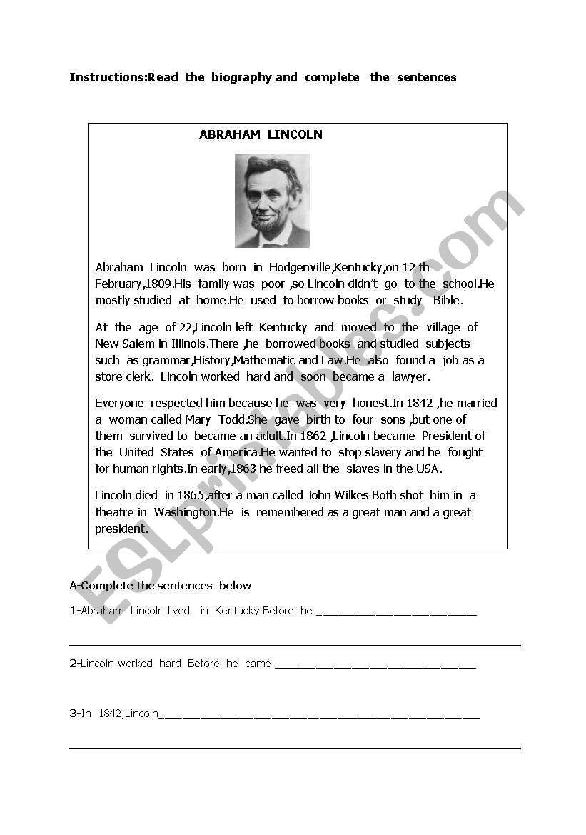 Abraham  Lincoln worksheet