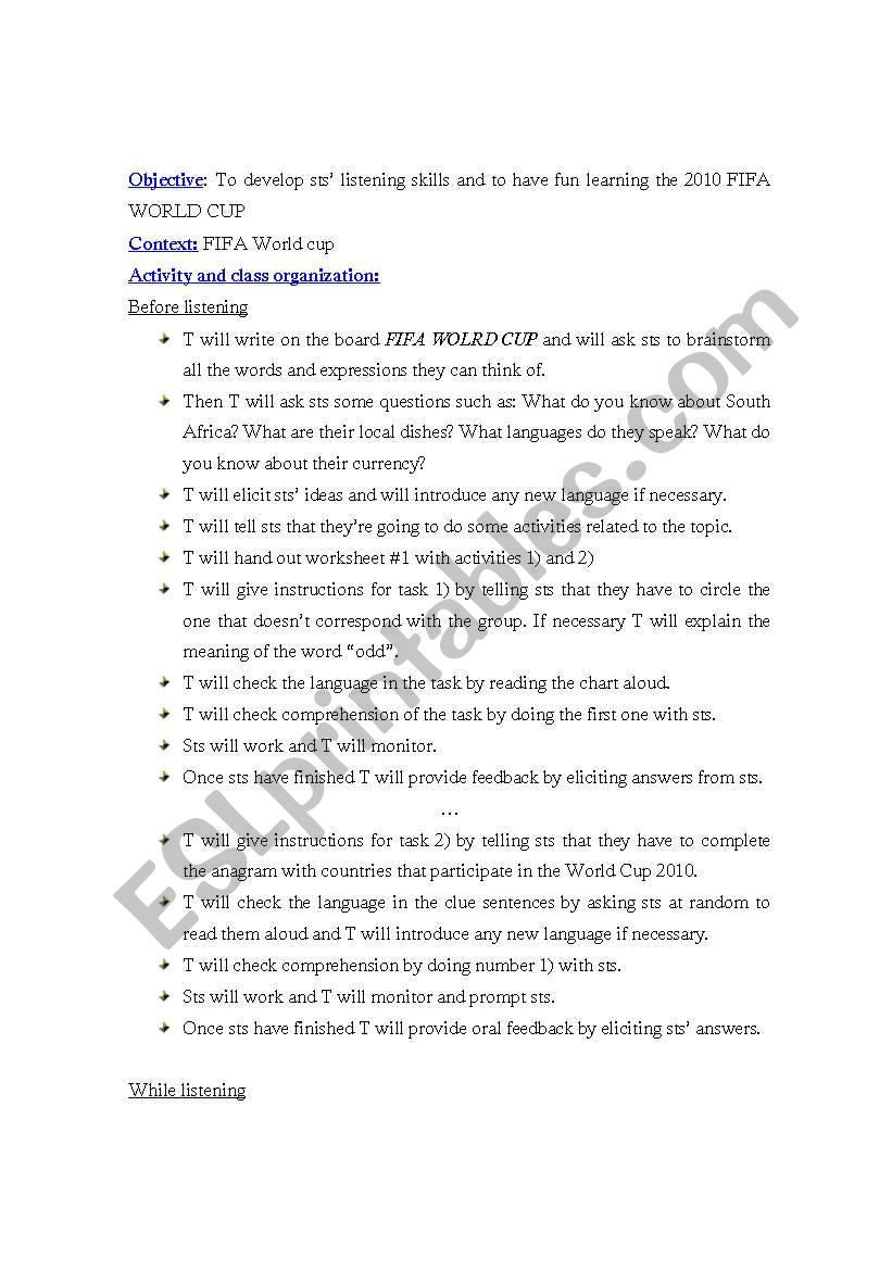 2010 FIFA WORLD CUP worksheet