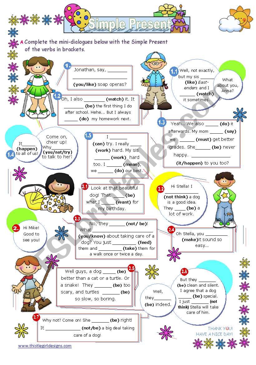 Complete the mini dialogues. Dialogues in English for Elementary. Dialogues in English Elementary Level for Kids. Present simple dialogs. Mini dialogues Worksheet.