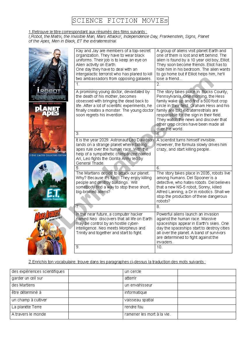 science fiction movies worksheet