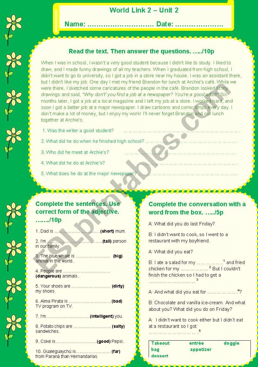 Quiz World Link 2 - UNit 2 worksheet