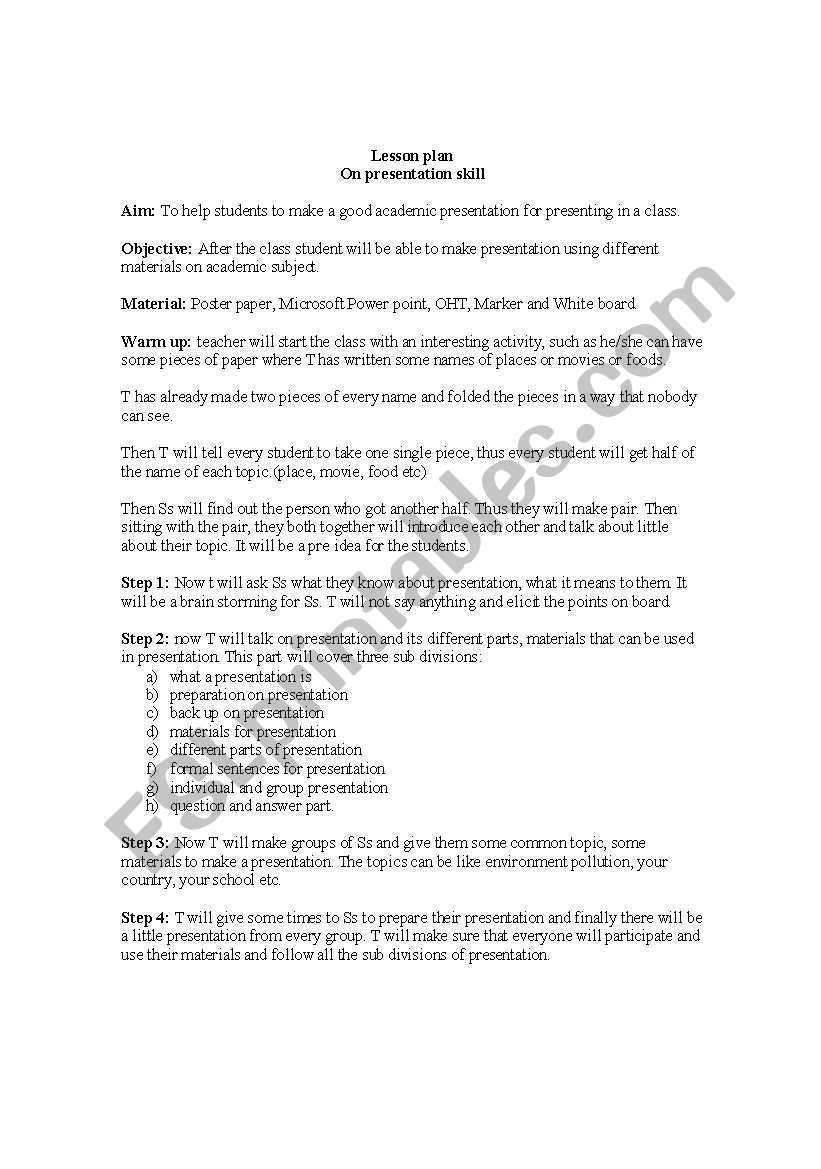 Lesson Plan on Presentation worksheet