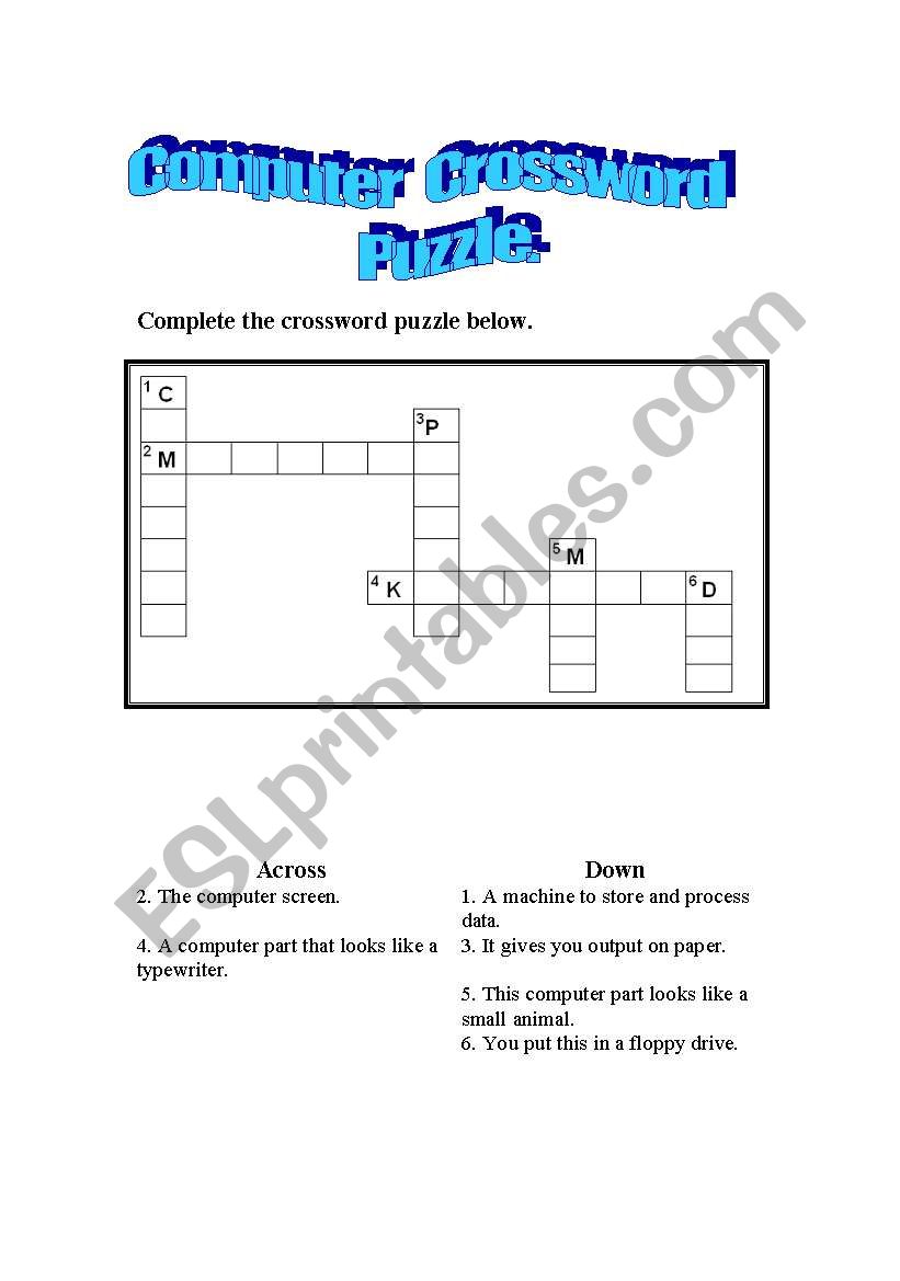Computer crossword puzzle worksheet