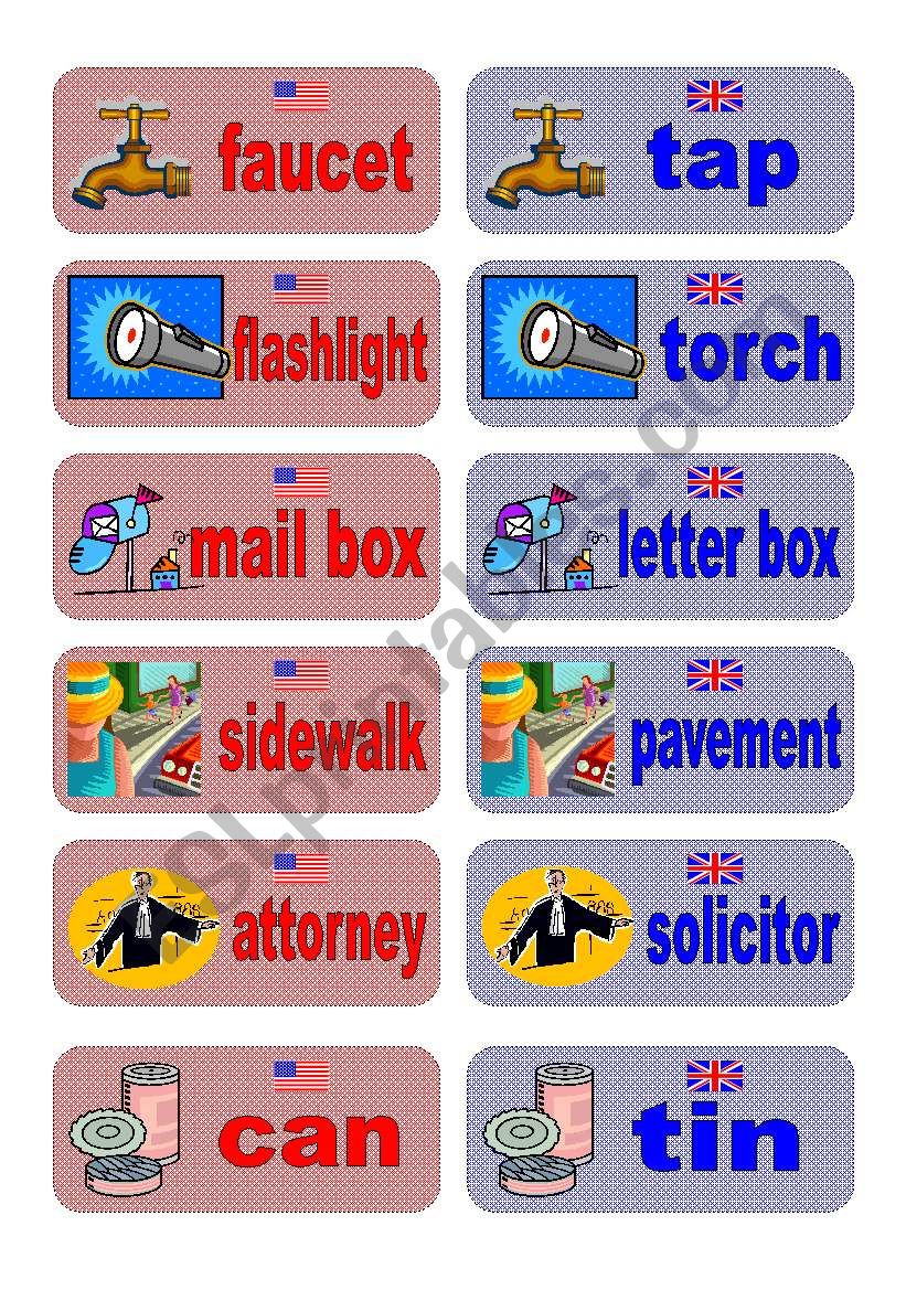 British English vs American English memory game - set 6
