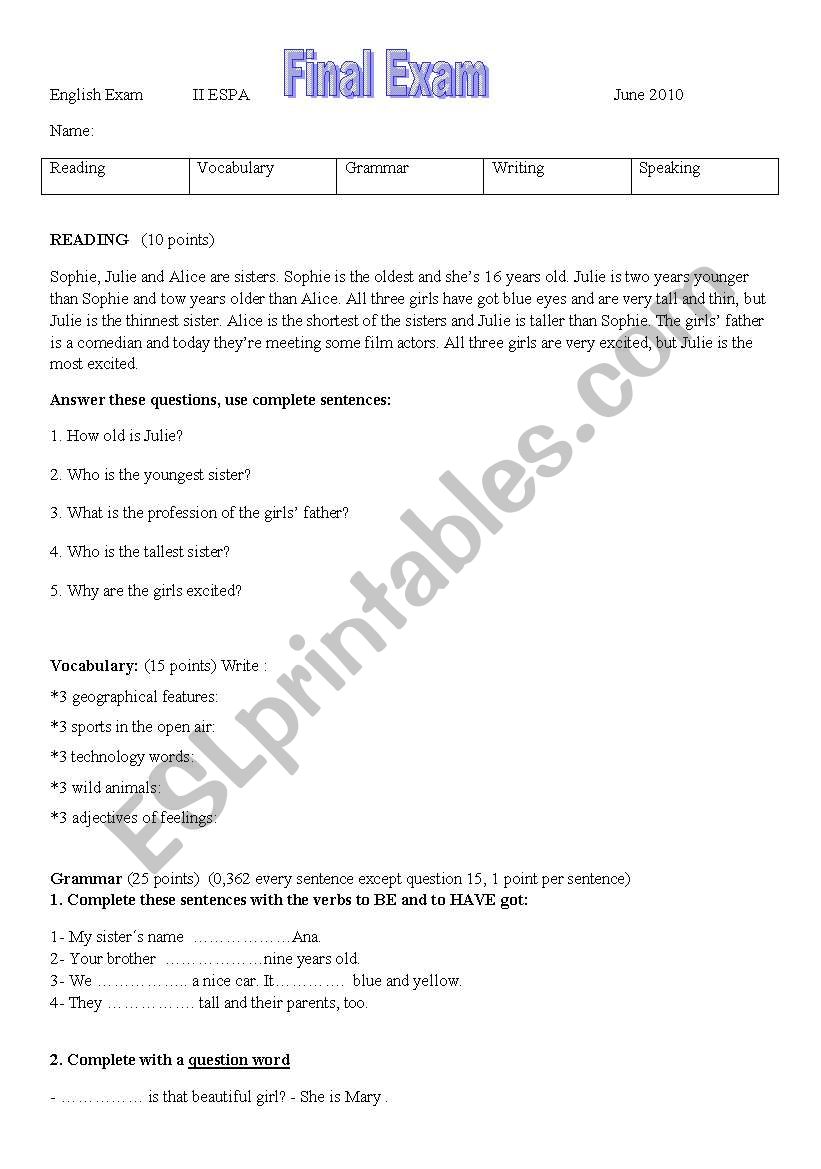 final exam for 2ESA (adults) worksheet