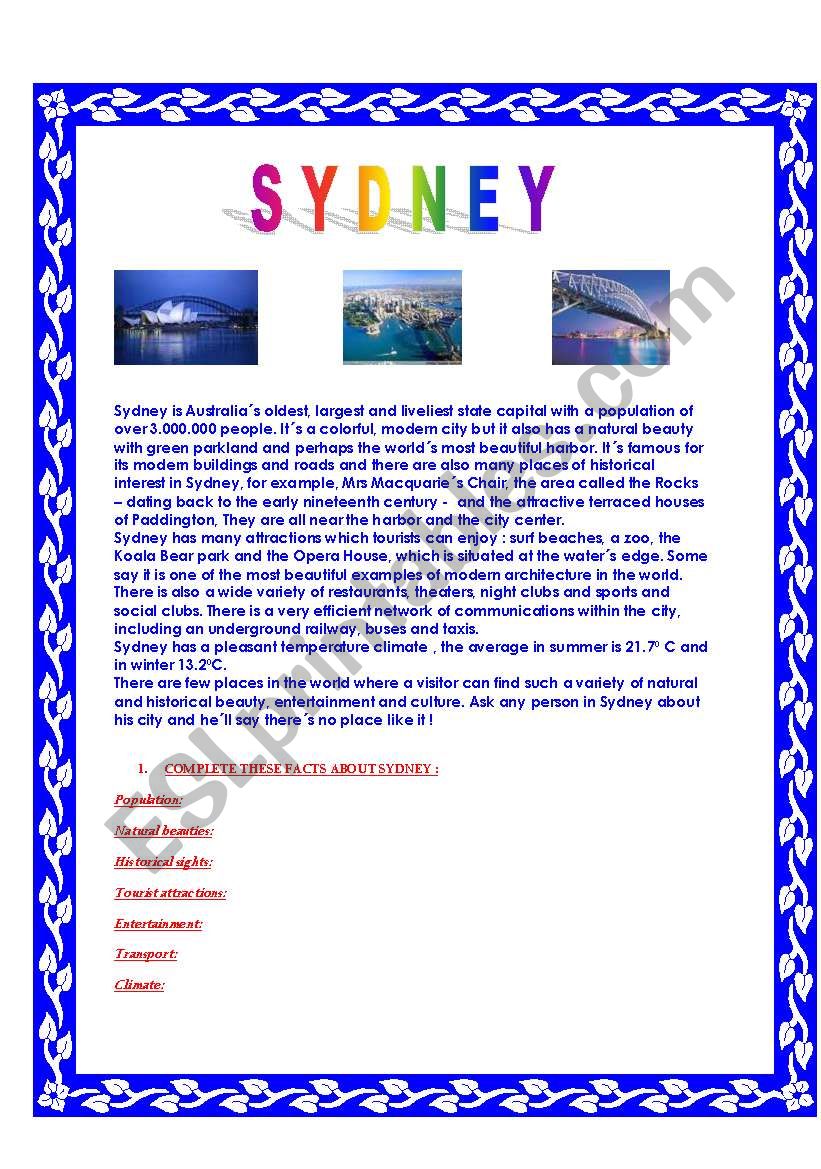 Sydney, reading comprehension worksheet