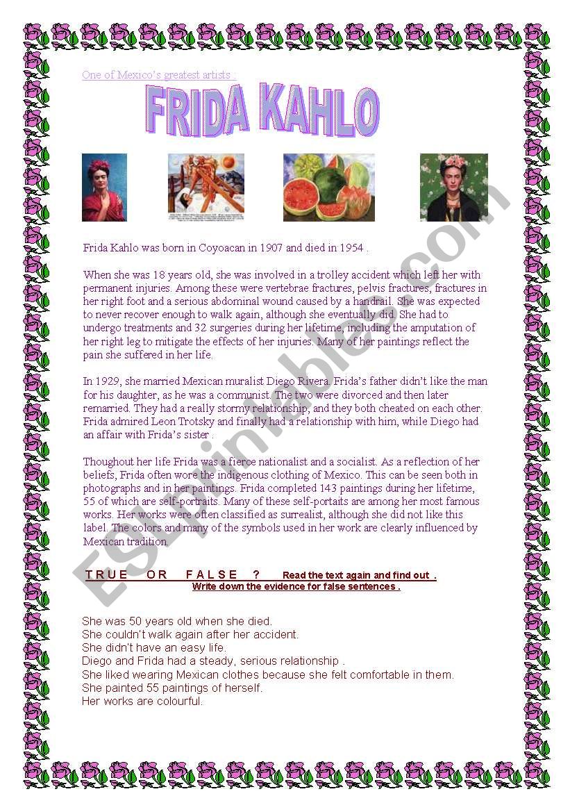 Frida, reading comprehension worksheet