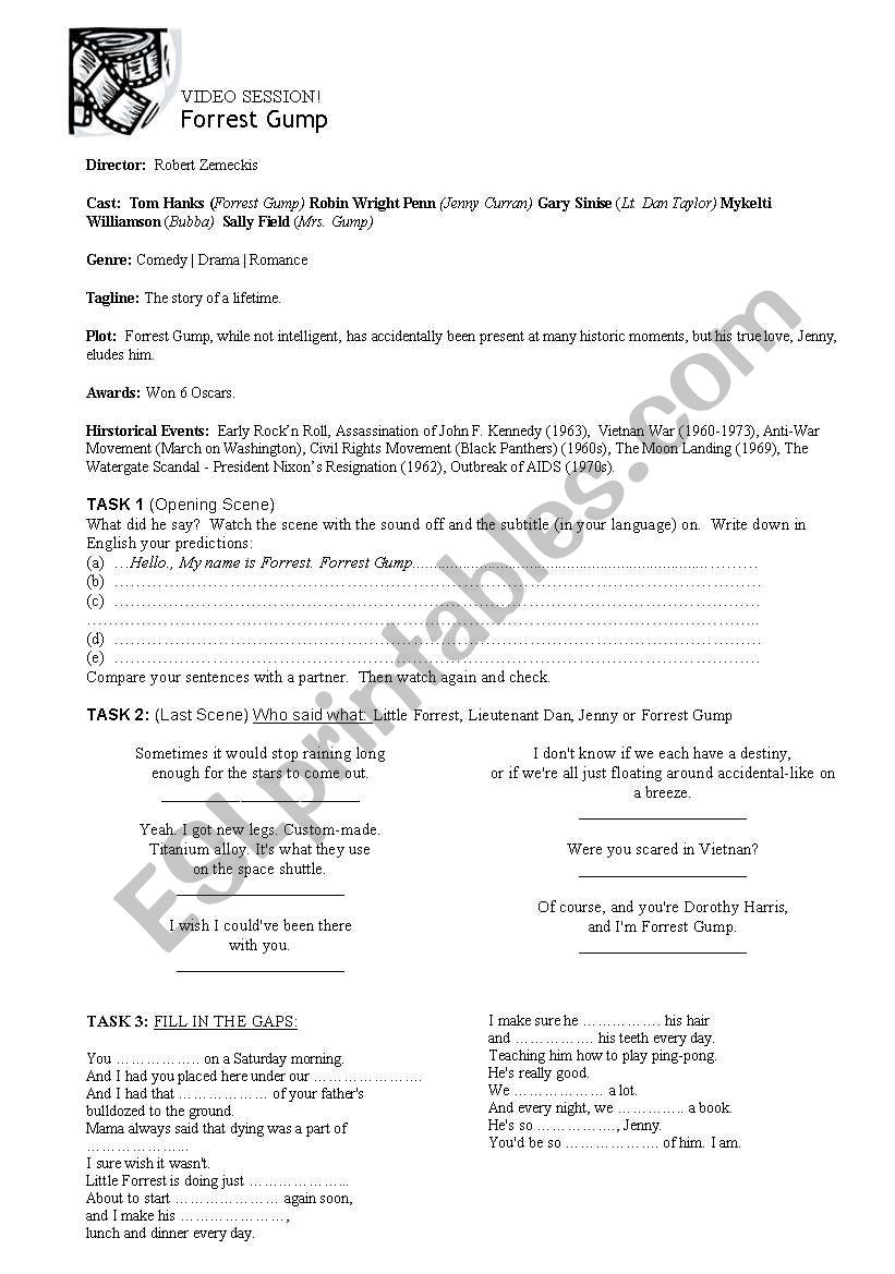 Forrest Gump Worksheet worksheet