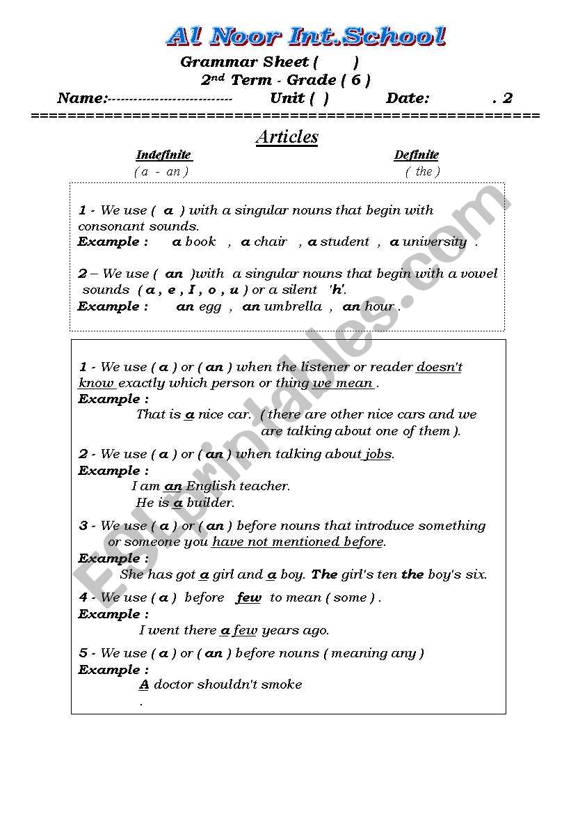 Articles  worksheet