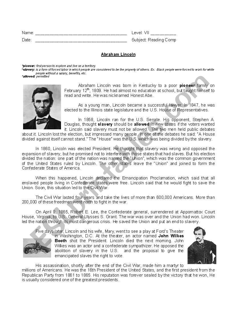 Abraham Lincolns biograohy worksheet