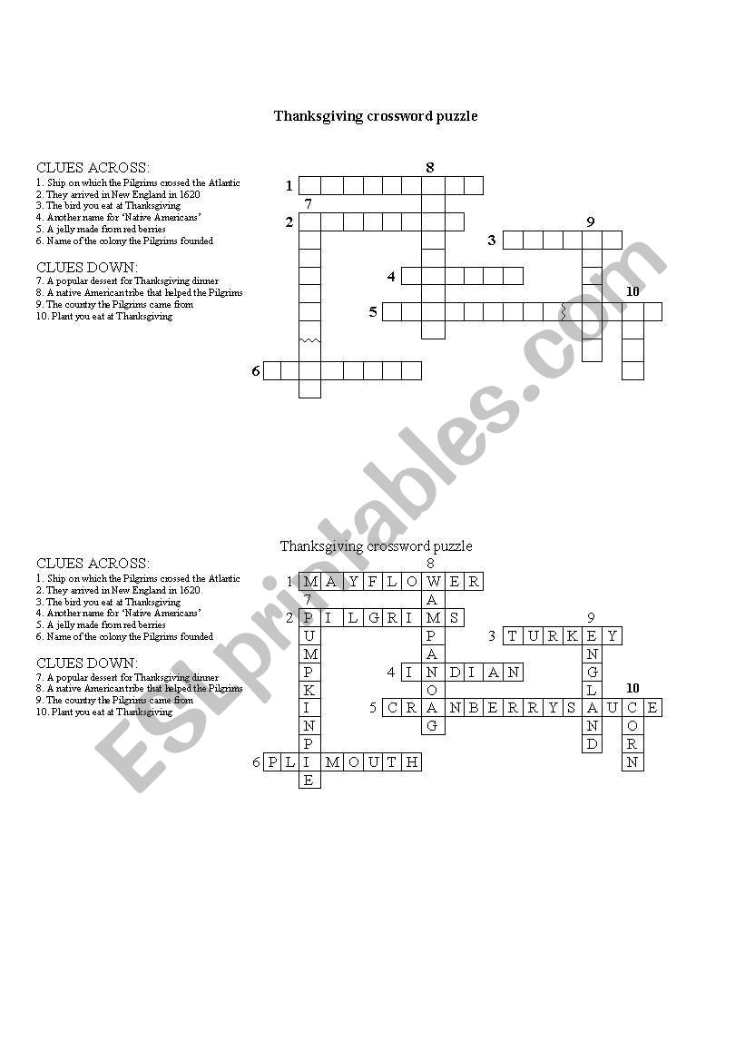 Thanksgiving crossword puzzle (with answers)