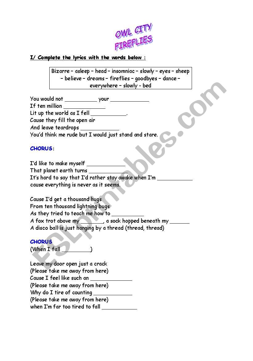 worksheet owl city fireflies worksheet