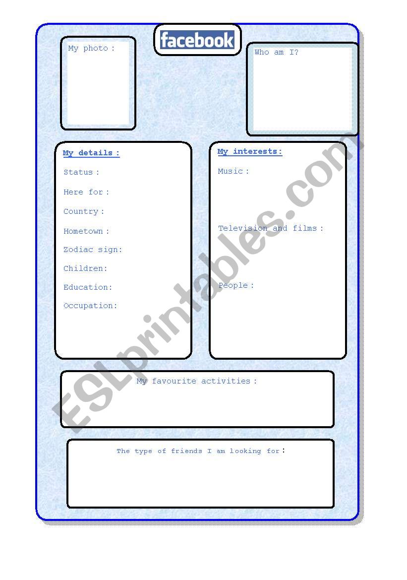 My facebook page worksheet