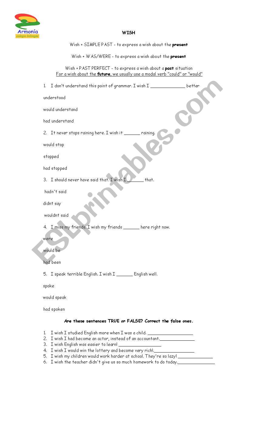 wish regret worksheet